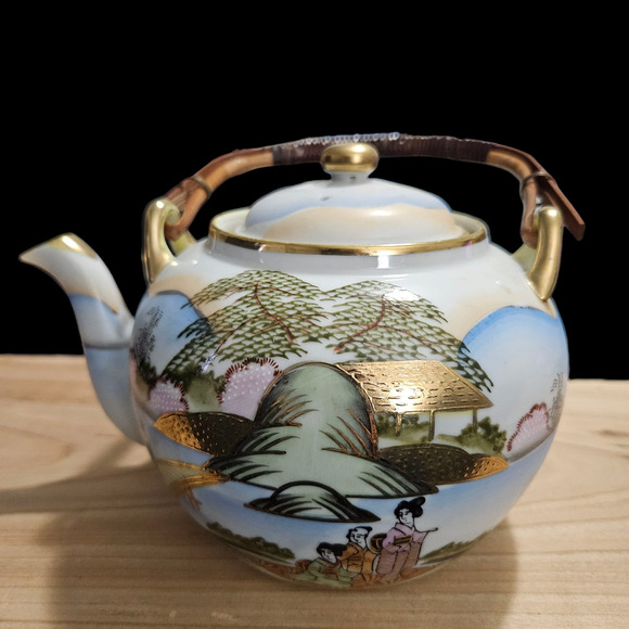 Nippon Hand Painted Porcelain Teapot w/ Lid & Strainer Geisha Scene, Bamboo Hand - Picture 1 of 9